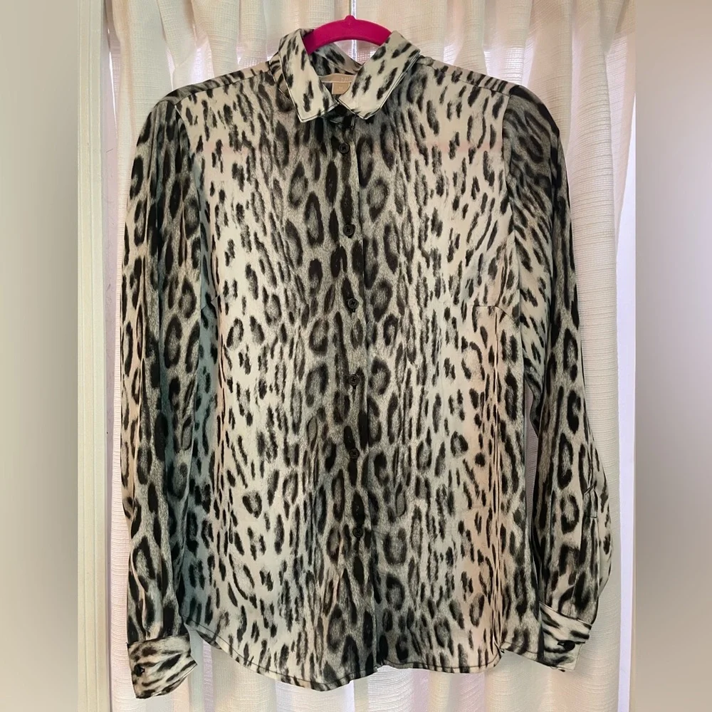 Michael Kors Leopard Print Button-Down Blouse - Black & Cream